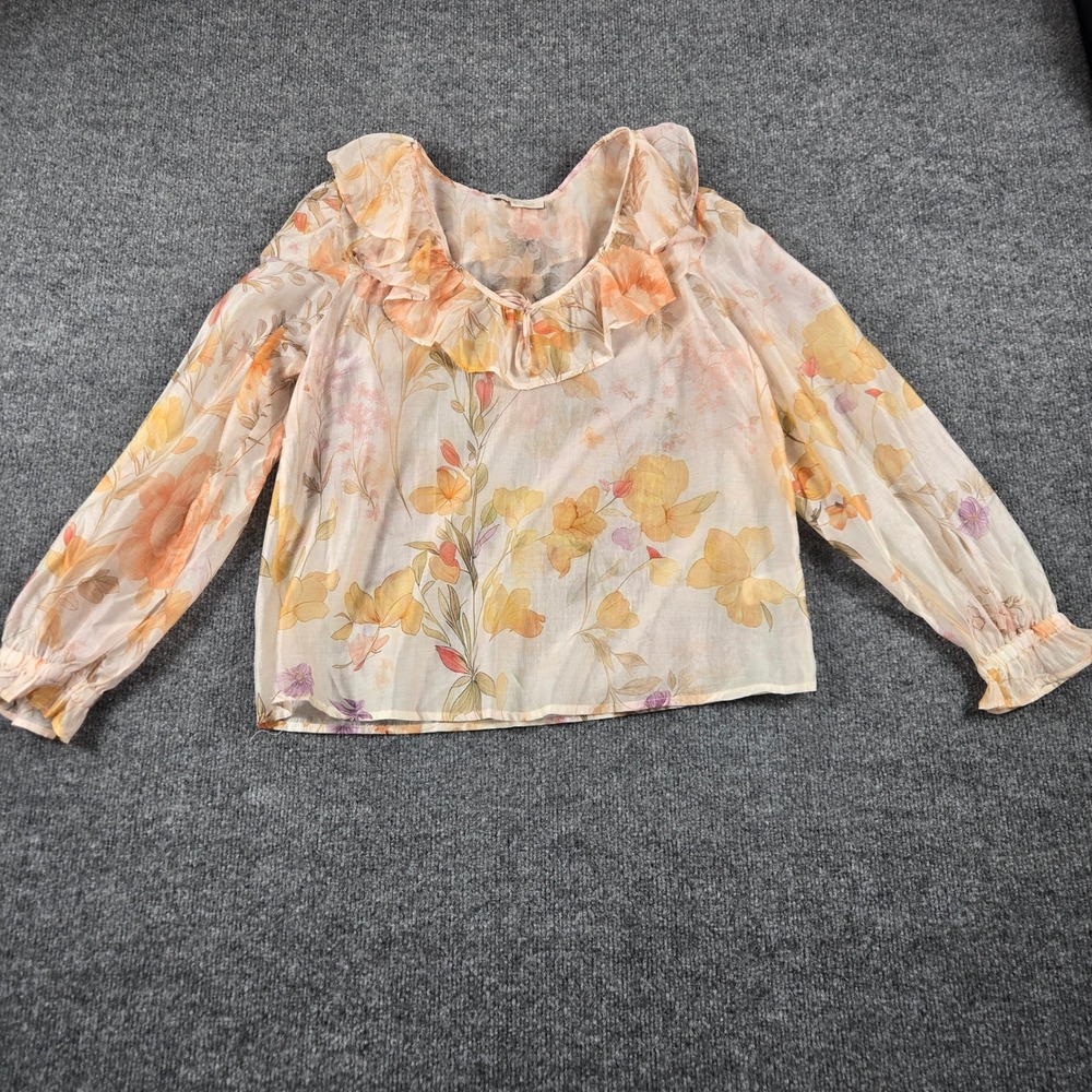 Lucky & Coco Floral Blouse Womens Small Peach Ruffle V-Neck Sheer Top